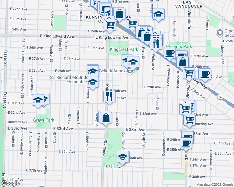 map of restaurants, bars, coffee shops, grocery stores, and more near 1442 East 30th Avenue in Vancouver