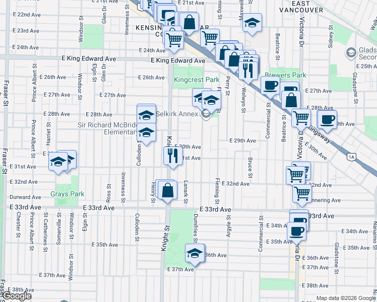 map of restaurants, bars, coffee shops, grocery stores, and more near 1450 East 30th Avenue in Vancouver