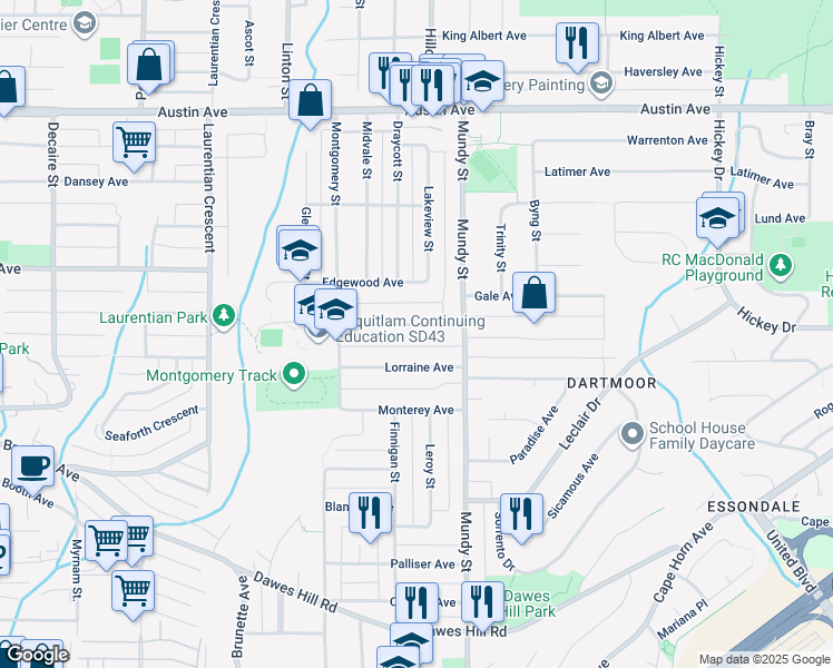 map of restaurants, bars, coffee shops, grocery stores, and more near 2126 Kugler Avenue in Coquitlam