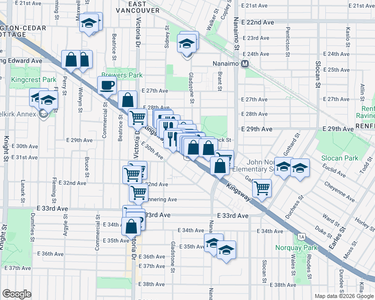 map of restaurants, bars, coffee shops, grocery stores, and more near 2211 Kingsway in Vancouver