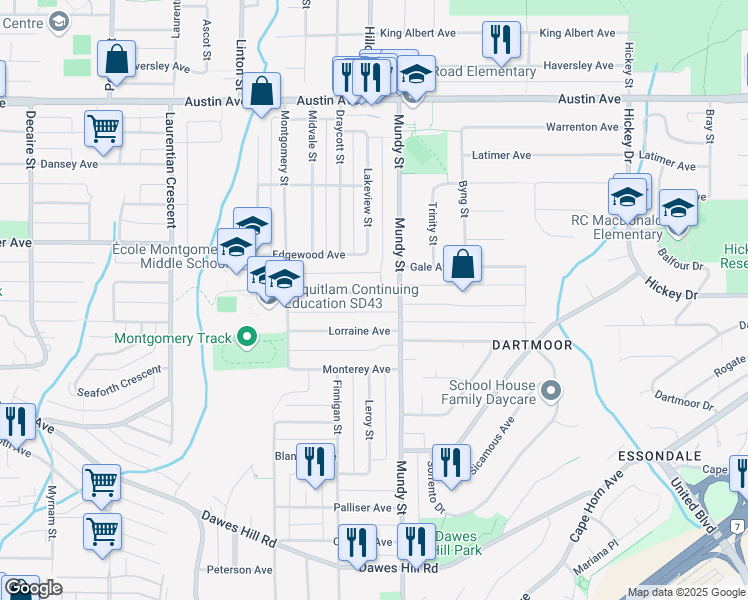 map of restaurants, bars, coffee shops, grocery stores, and more near 2150 Kugler Avenue in Coquitlam