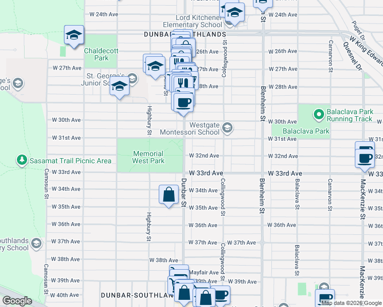 map of restaurants, bars, coffee shops, grocery stores, and more near 3581 West 32nd Avenue in Vancouver