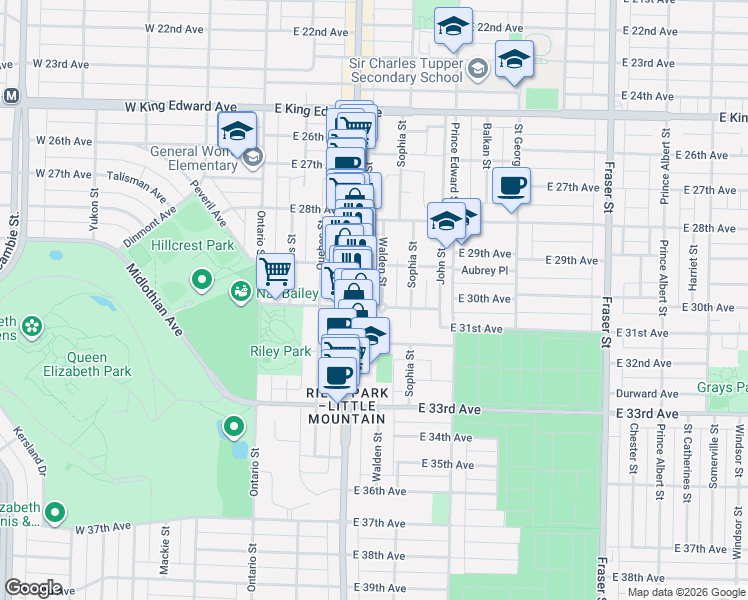 map of restaurants, bars, coffee shops, grocery stores, and more near 4585 Walden Street in Vancouver