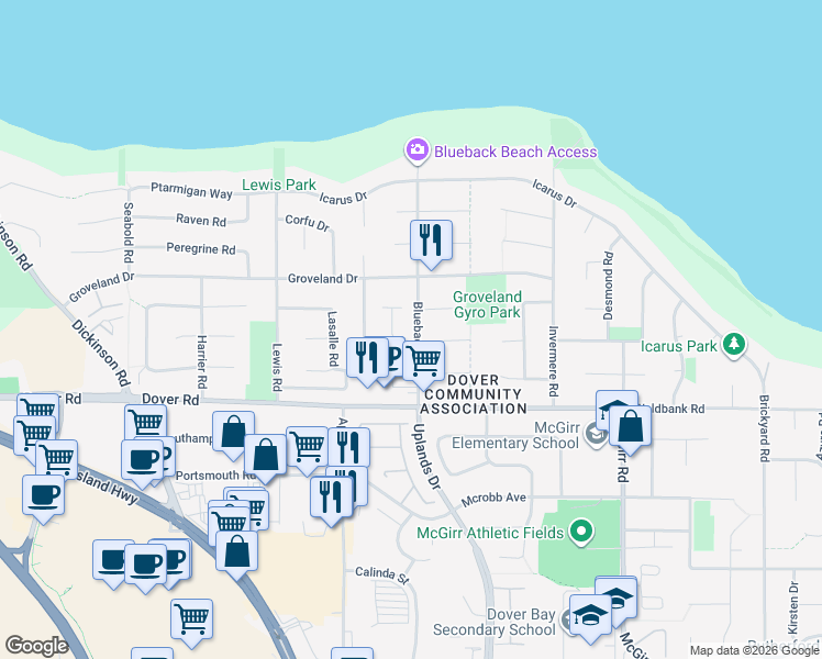 map of restaurants, bars, coffee shops, grocery stores, and more near 6255 Blueback Road in Nanaimo