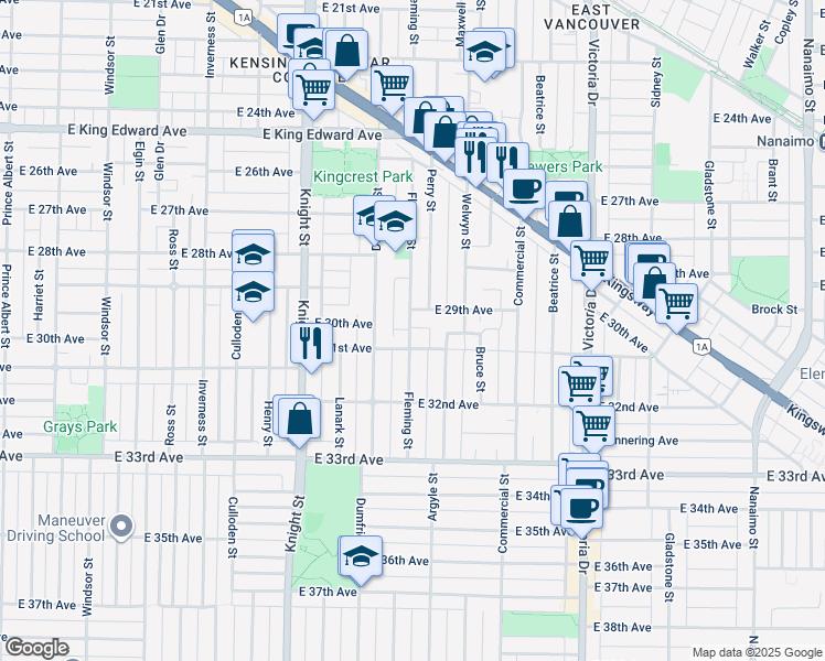 map of restaurants, bars, coffee shops, grocery stores, and more near 4646 Fleming Street in Vancouver