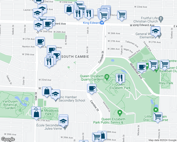 map of restaurants, bars, coffee shops, grocery stores, and more near 4685 Cambie Street in Vancouver