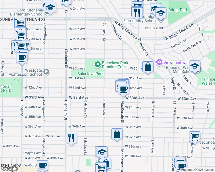 map of restaurants, bars, coffee shops, grocery stores, and more near 2989 West 32nd Avenue in Vancouver
