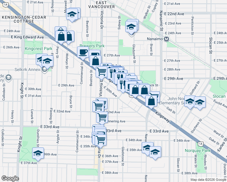 map of restaurants, bars, coffee shops, grocery stores, and more near 2149 East 30th Avenue in Vancouver