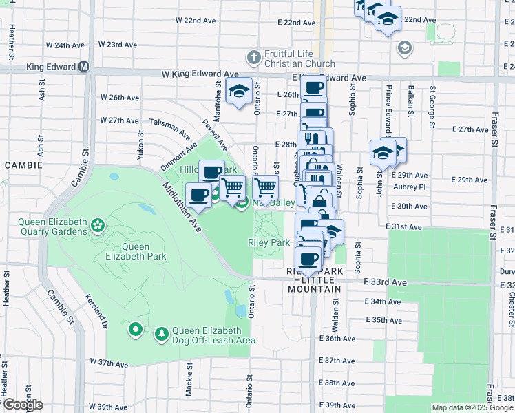 map of restaurants, bars, coffee shops, grocery stores, and more near 4596 Ontario Street in Vancouver
