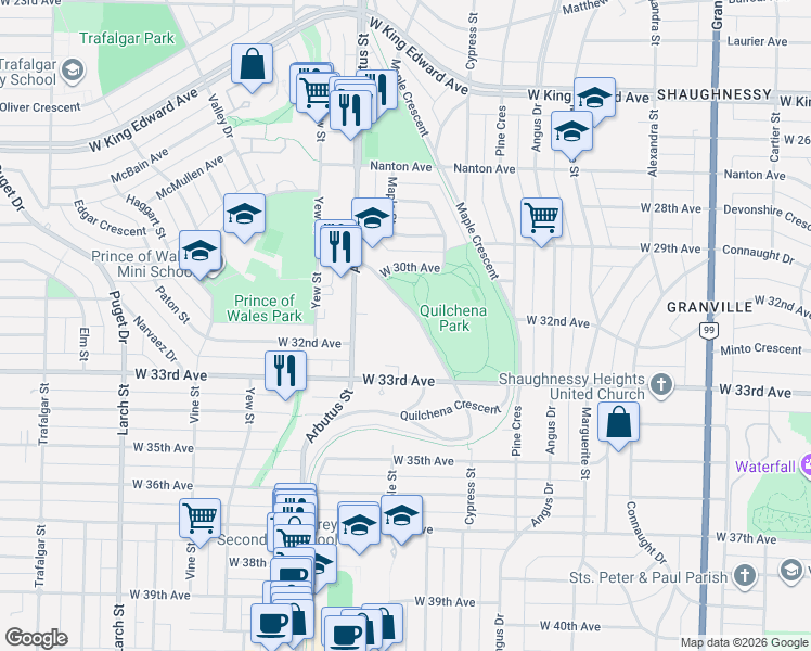 map of restaurants, bars, coffee shops, grocery stores, and more near 4759 Valley Drive in Vancouver