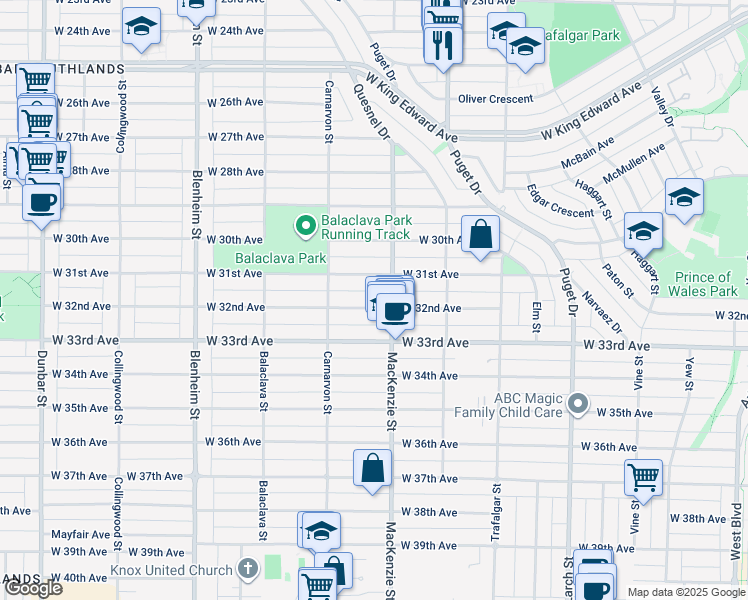map of restaurants, bars, coffee shops, grocery stores, and more near 2923 West 32nd Avenue in Vancouver