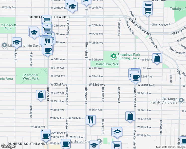 map of restaurants, bars, coffee shops, grocery stores, and more near in Vancouver