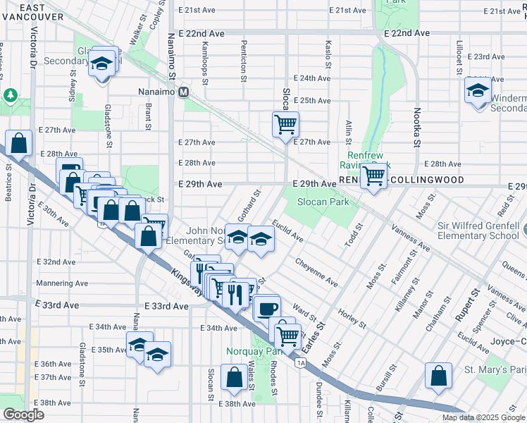 map of restaurants, bars, coffee shops, grocery stores, and more near 4603 Slocan Street in Vancouver