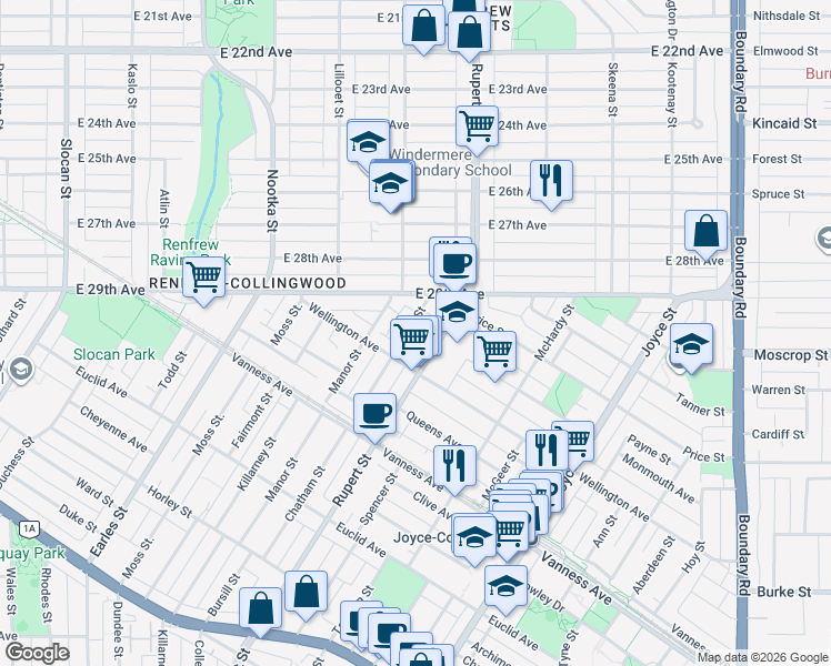 map of restaurants, bars, coffee shops, grocery stores, and more near 4616 Reid Street in Vancouver