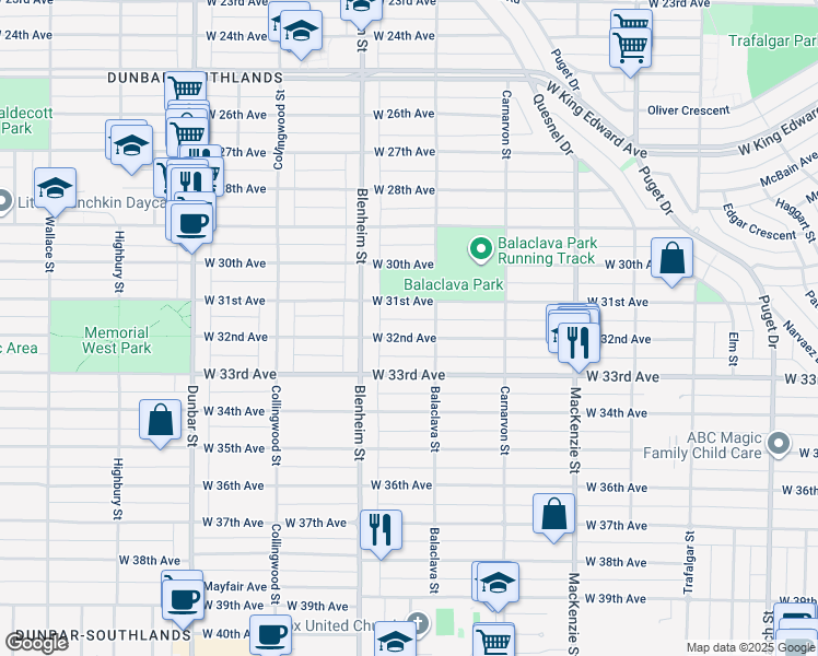 map of restaurants, bars, coffee shops, grocery stores, and more near 3241 West 32nd Avenue in Vancouver