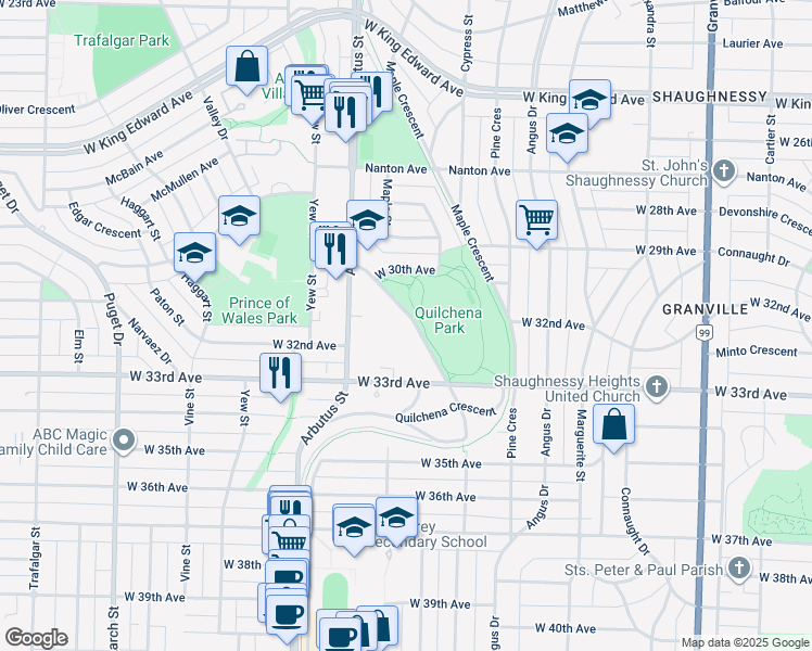 map of restaurants, bars, coffee shops, grocery stores, and more near 4759 Valley Drive in Vancouver