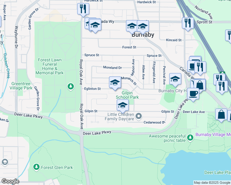 map of restaurants, bars, coffee shops, grocery stores, and more near 5490 Eglinton Street in Burnaby