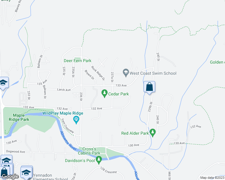 map of restaurants, bars, coffee shops, grocery stores, and more near 13276 237A Street in Maple Ridge