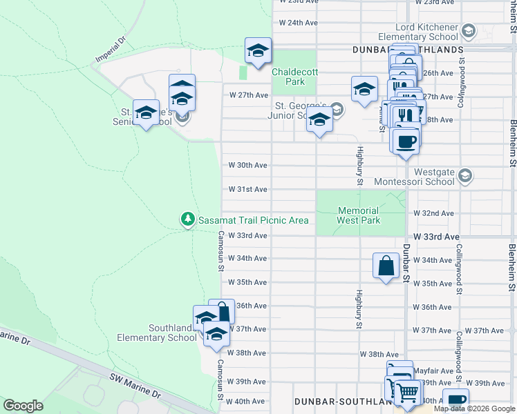 map of restaurants, bars, coffee shops, grocery stores, and more near 4017 West 32nd Avenue in Vancouver