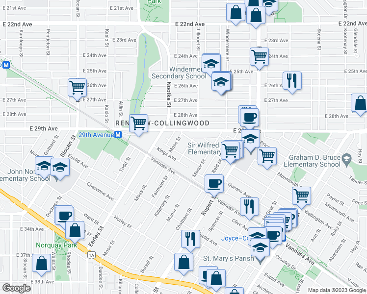 map of restaurants, bars, coffee shops, grocery stores, and more near 4545 Picton Street in Vancouver