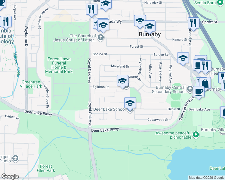 map of restaurants, bars, coffee shops, grocery stores, and more near 5404 Eglinton Street in Burnaby