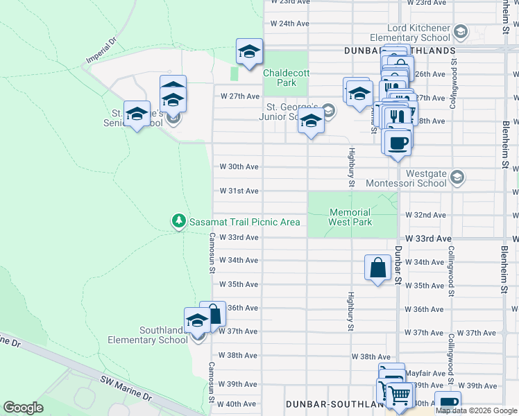 map of restaurants, bars, coffee shops, grocery stores, and more near 4001 West 32nd Avenue in Vancouver