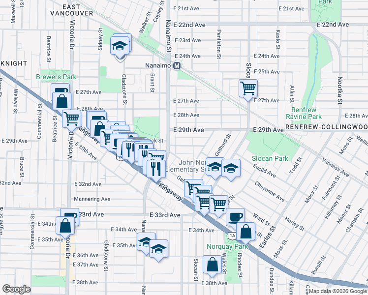 map of restaurants, bars, coffee shops, grocery stores, and more near in Vancouver