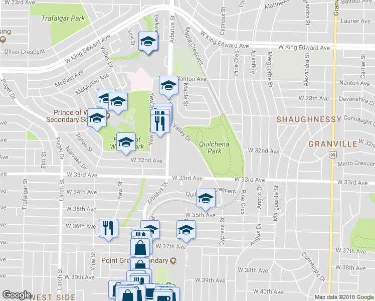 map of restaurants, bars, coffee shops, grocery stores, and more near in Vancouver