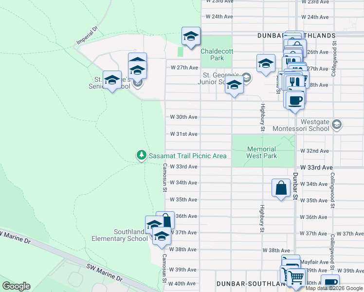 map of restaurants, bars, coffee shops, grocery stores, and more near 4047 West 32nd Avenue in Vancouver