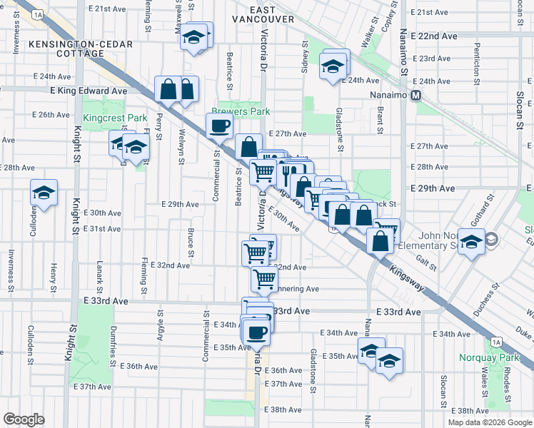 map of restaurants, bars, coffee shops, grocery stores, and more near 4620 Victoria Drive in Vancouver