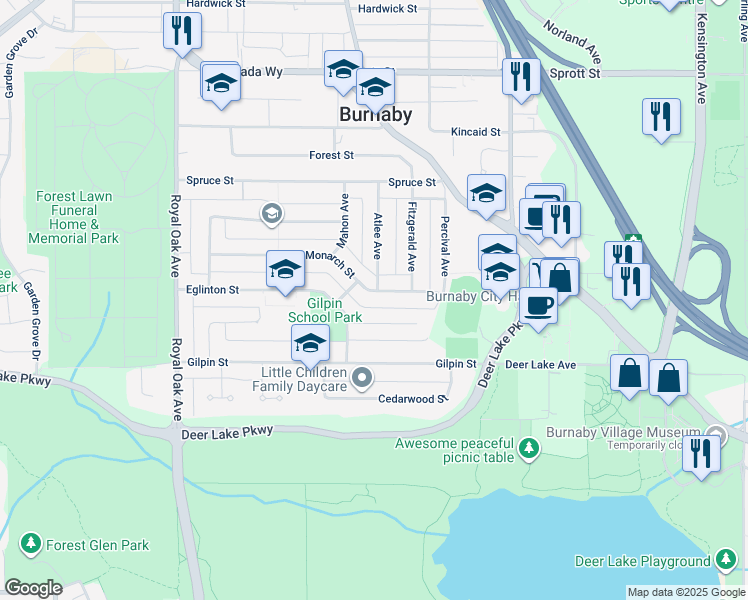 map of restaurants, bars, coffee shops, grocery stores, and more near 5680 Monarch Street in Burnaby