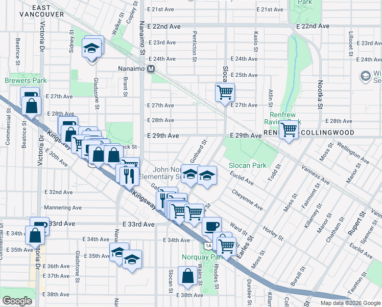 map of restaurants, bars, coffee shops, grocery stores, and more near 4611 Gothard Street in Vancouver