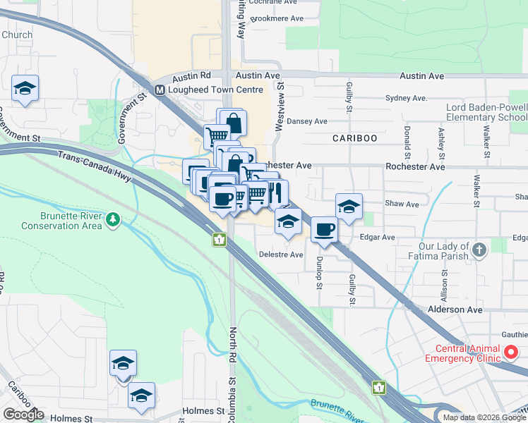 map of restaurants, bars, coffee shops, grocery stores, and more near 329 North Road in Coquitlam