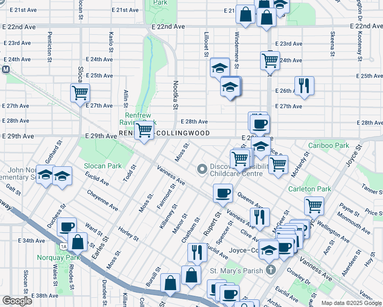 map of restaurants, bars, coffee shops, grocery stores, and more near 4523 Picton Street in Vancouver