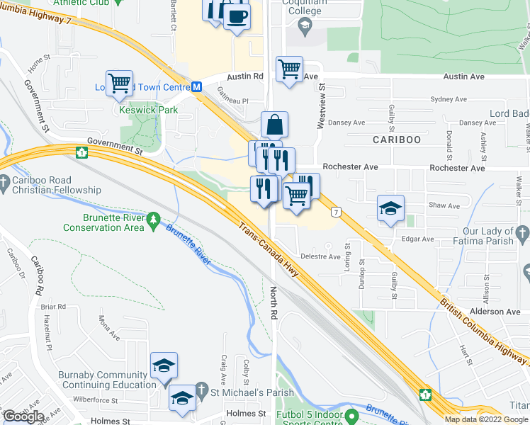 map of restaurants, bars, coffee shops, grocery stores, and more near 4501 North Road in Burnaby