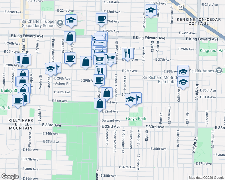 map of restaurants, bars, coffee shops, grocery stores, and more near 775 East 30th Avenue in Vancouver
