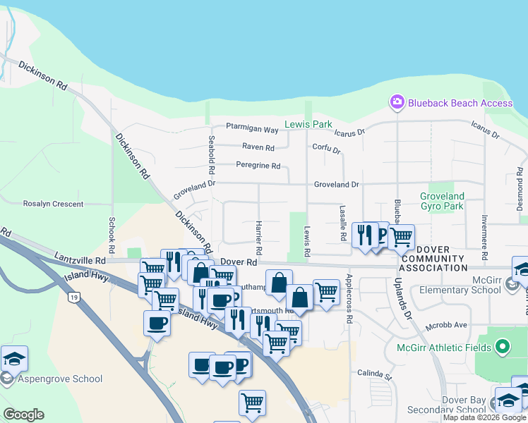 map of restaurants, bars, coffee shops, grocery stores, and more near 6502 Gerke Place in Nanaimo