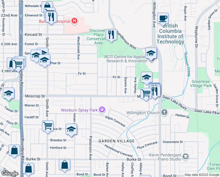 map of restaurants, bars, coffee shops, grocery stores, and more near 4586 Barker Avenue in Burnaby