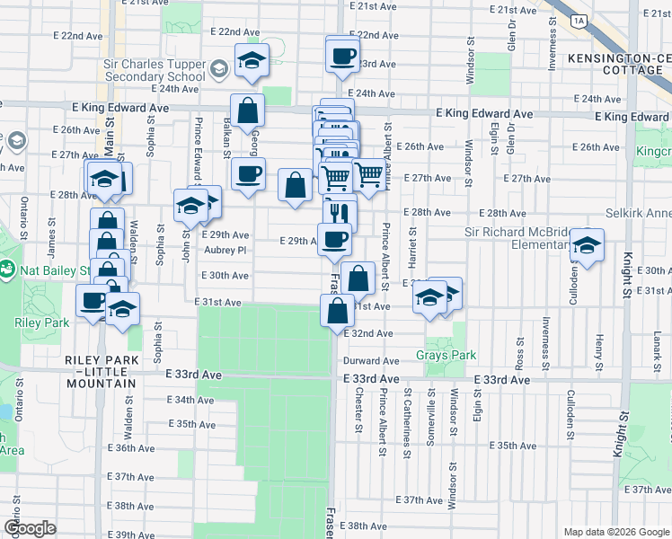 map of restaurants, bars, coffee shops, grocery stores, and more near 4588 Fraser Street in Vancouver