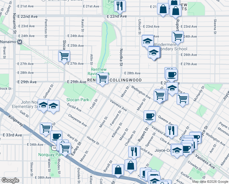 map of restaurants, bars, coffee shops, grocery stores, and more near 2175 Kings Avenue in Vancouver