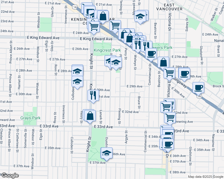 map of restaurants, bars, coffee shops, grocery stores, and more near 4586 Dumfries Street in Vancouver