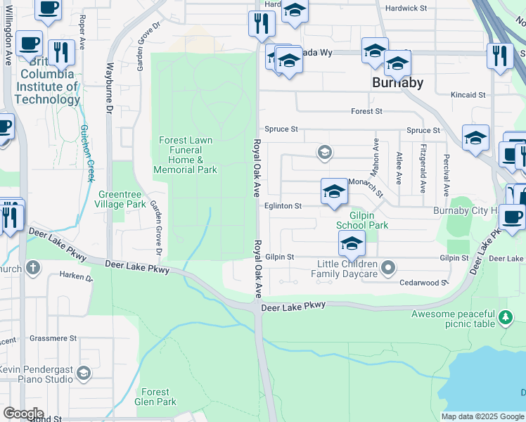 map of restaurants, bars, coffee shops, grocery stores, and more near 4534 Royal Oak Avenue in Burnaby