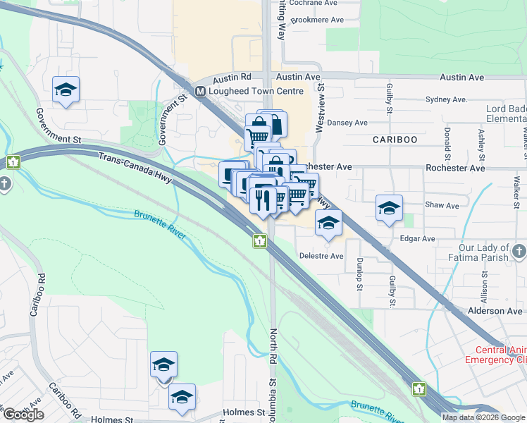 map of restaurants, bars, coffee shops, grocery stores, and more near 4501 North Road in Burnaby