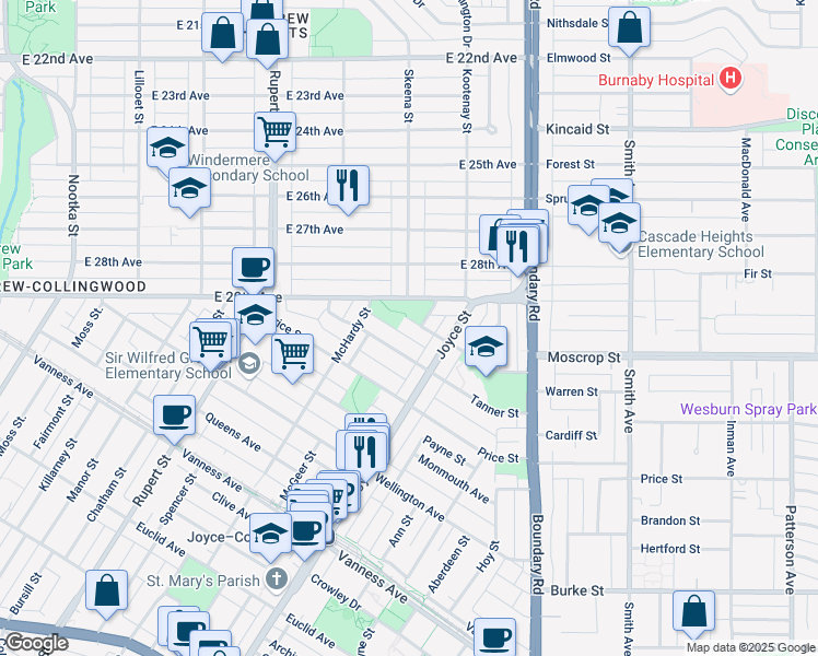 map of restaurants, bars, coffee shops, grocery stores, and more near 3538 Moscrop Street in Vancouver