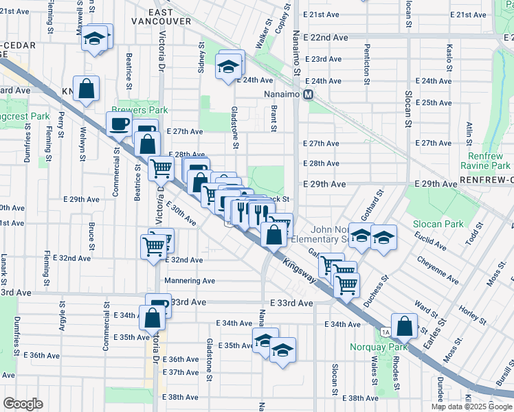map of restaurants, bars, coffee shops, grocery stores, and more near 2268 Wenonah Street in Vancouver