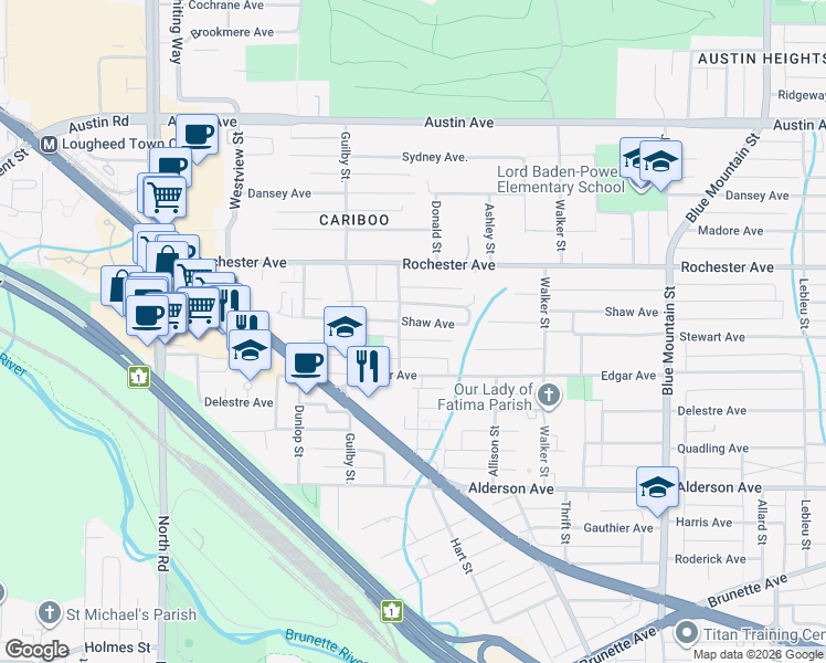 map of restaurants, bars, coffee shops, grocery stores, and more near 51 Pembroke Avenue in Coquitlam