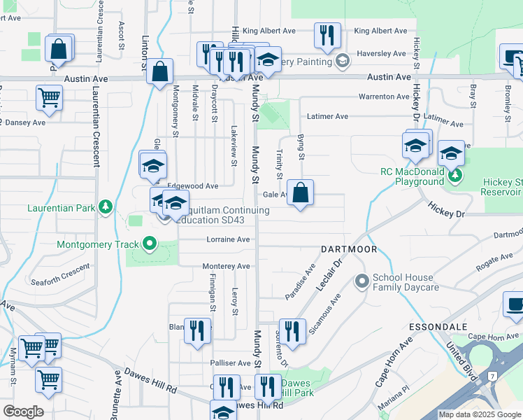 map of restaurants, bars, coffee shops, grocery stores, and more near 387 Mundy Street in Coquitlam