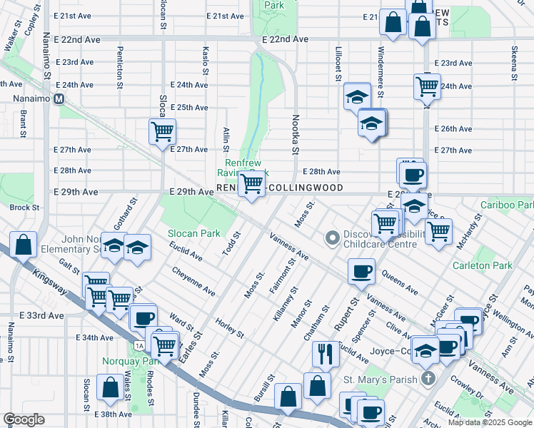 map of restaurants, bars, coffee shops, grocery stores, and more near 4563 Earles Street in Vancouver