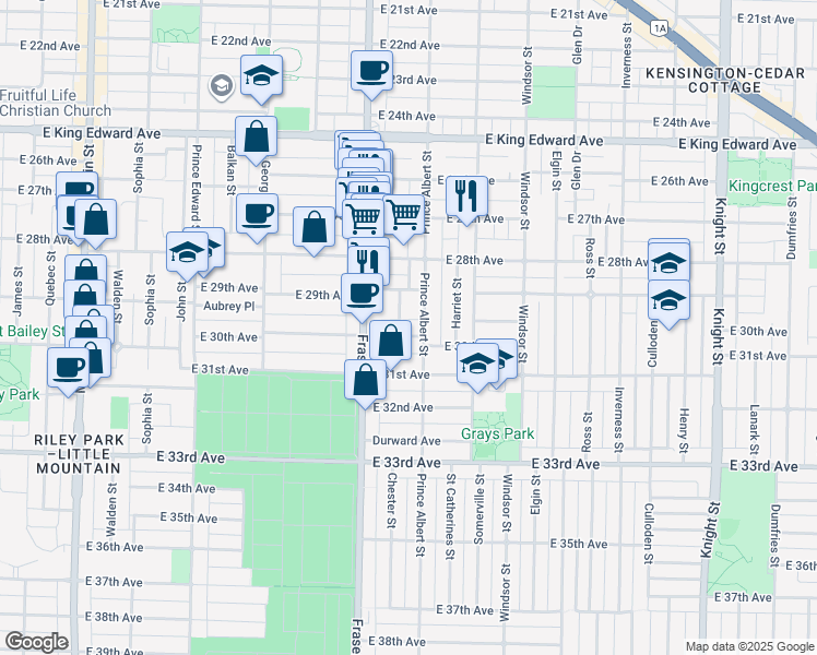 map of restaurants, bars, coffee shops, grocery stores, and more near 771 East 30th Avenue in Vancouver