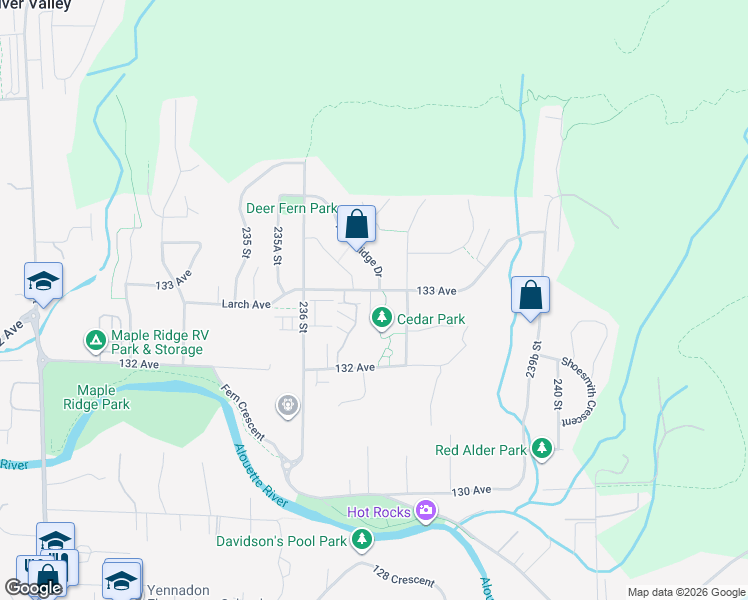 map of restaurants, bars, coffee shops, grocery stores, and more near 23710 133 Avenue in Maple Ridge